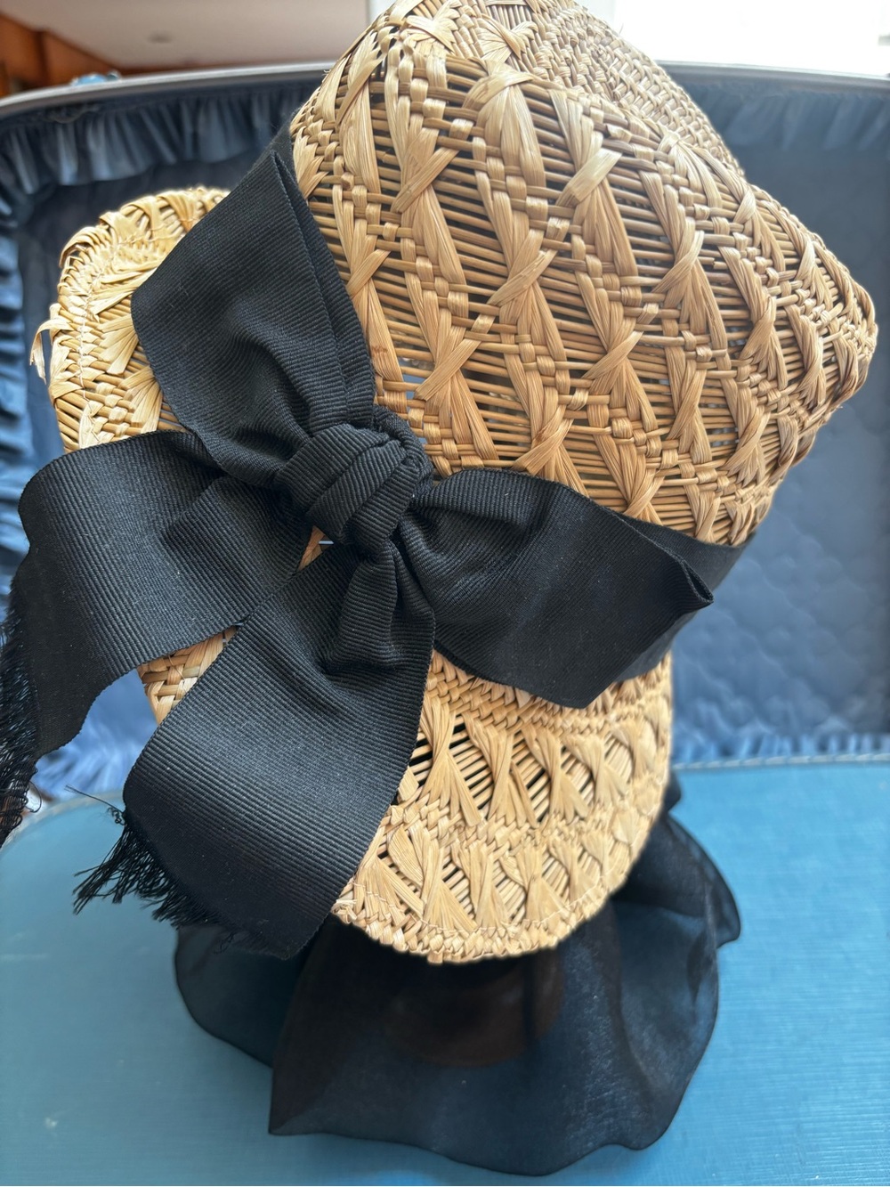 VTG Straw Fedora Hat with Black Ribbon Bow by Borsalino for Flu’s Ear Co